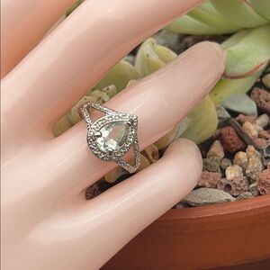 Genuine Green Amethyst & Diamond Ring Sterling Silver Pear Cut Halo Size 7.25